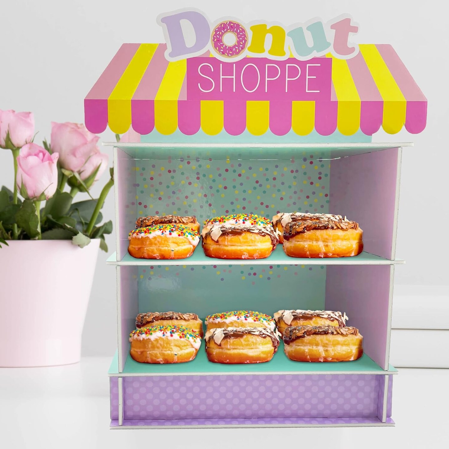 4E's Novelty donut stands – 2-tier donut wall display stand for donut party supplies & decor!