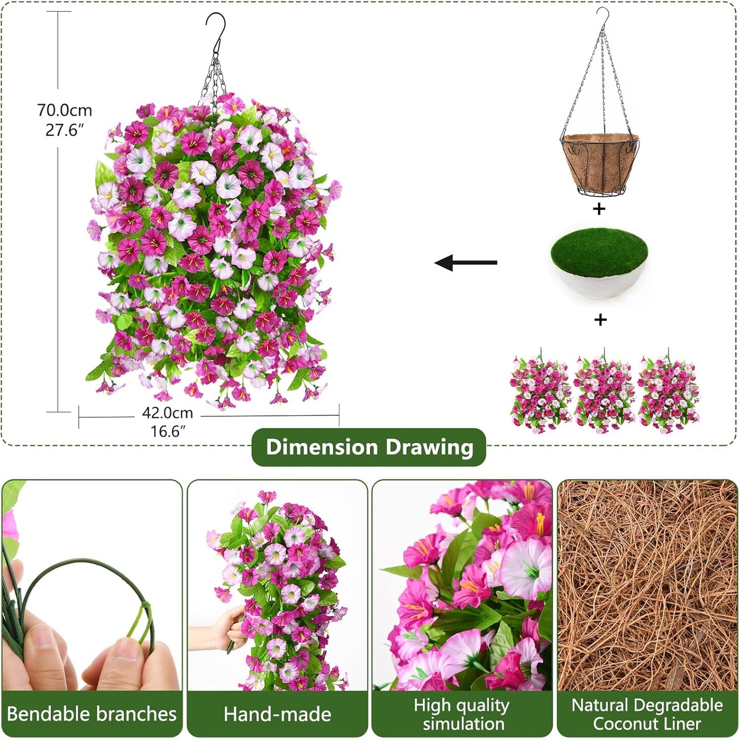 Artificial Faux Hanging Flowers Plants Baskets for Outdoor Spring Summer Decorations,Resistant Fake Morning Glory Silk Plants for Outside UV Resistant Patio Yard Home Porch Decor(Light Purple) 16"D x 16"W x 27"H