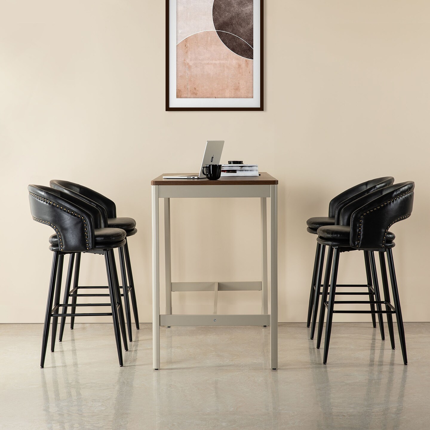Set of 2/4 Mid-Century Modern 40.5&#x22;H Faux Leather Bar Stools with Nailhead Trim