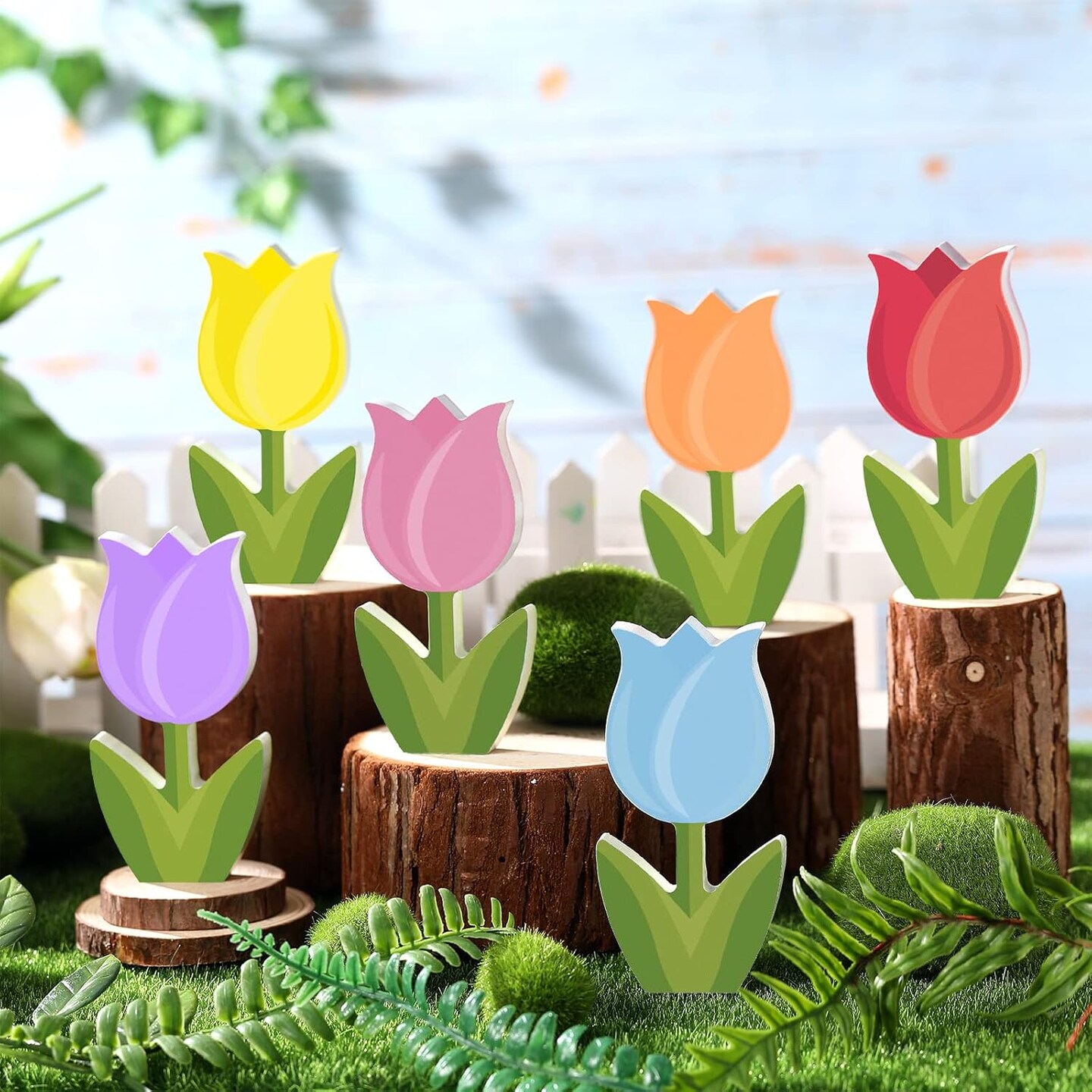 6 Pcs Spring Tiered Tray Decor Wooden Tulip Decorations, Blue, Green, Orange, Pink, Red