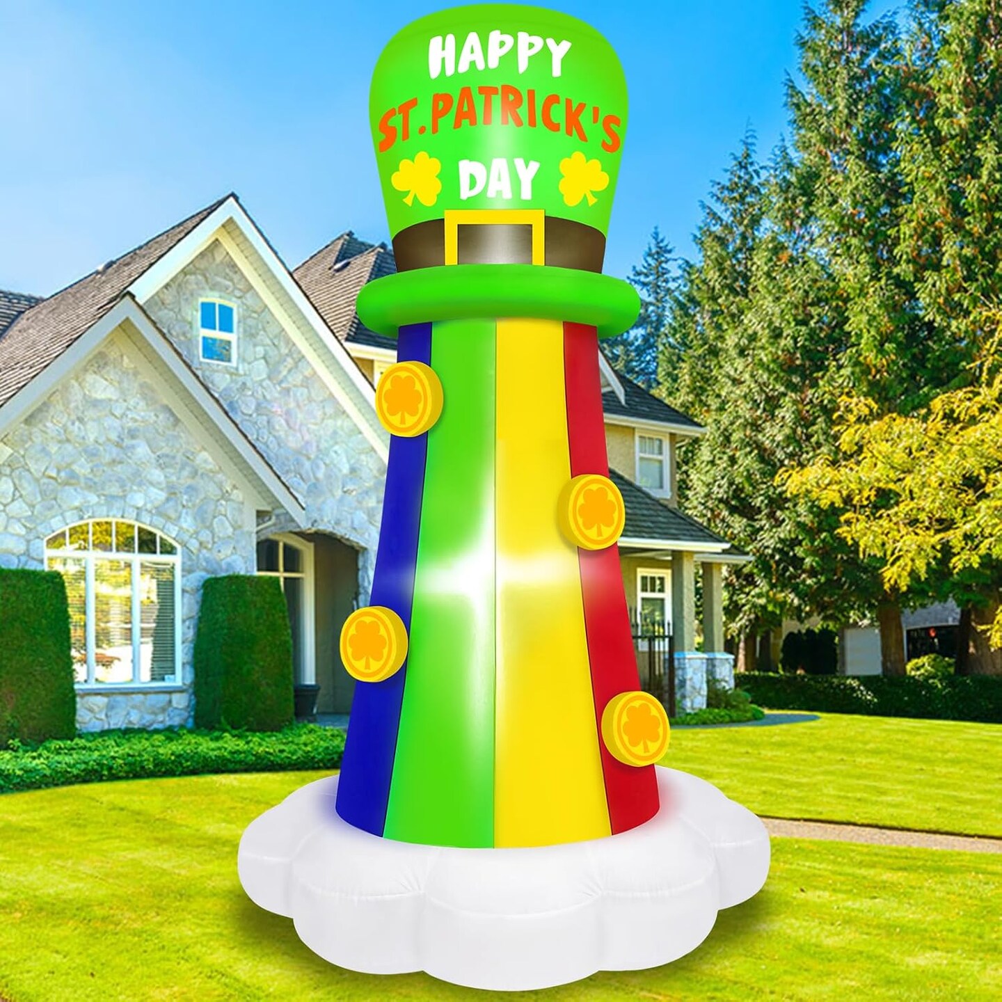 6FT St. Patrick's Day Inflatable Outdoor Decorations Blow Up Rainbow with Hat Yard Decorations Built-in LED Light Inflatable St Patricks Shamrock for Garden, Lawn, Holiday, Party Decor