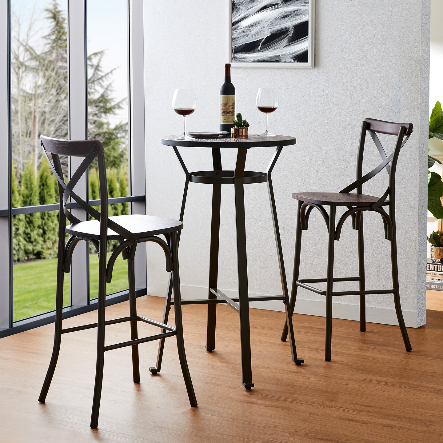 3 Piece Pub Table and Bar Chair Set - Steel Round Bar Table and Bar Chair Set