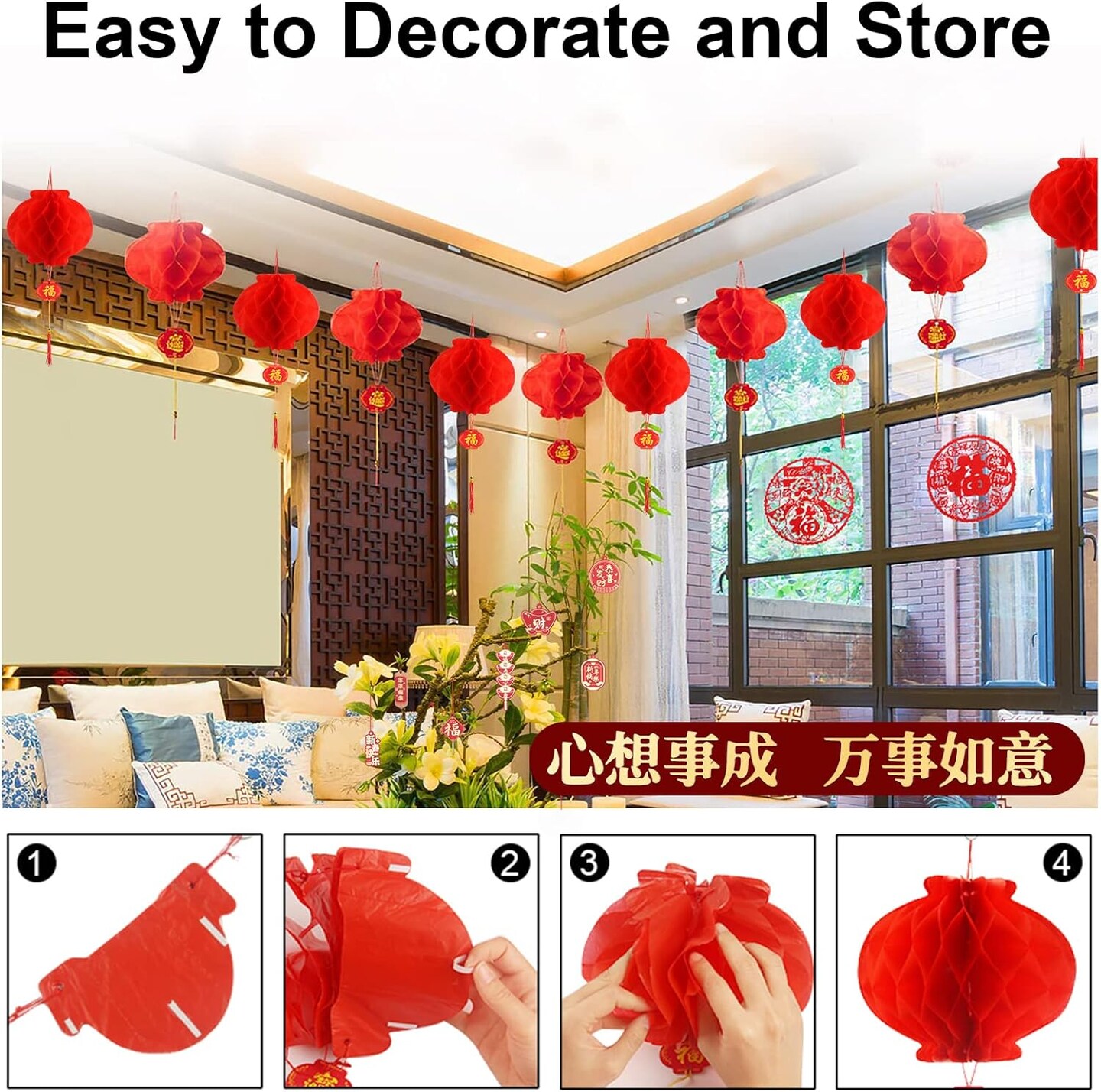 16 Pieces Lunar Chinese Round Hanging Red Paper Lanterns Decorations for 2025 New Year Spring Festival Party Decor - Wedding and Restaurant