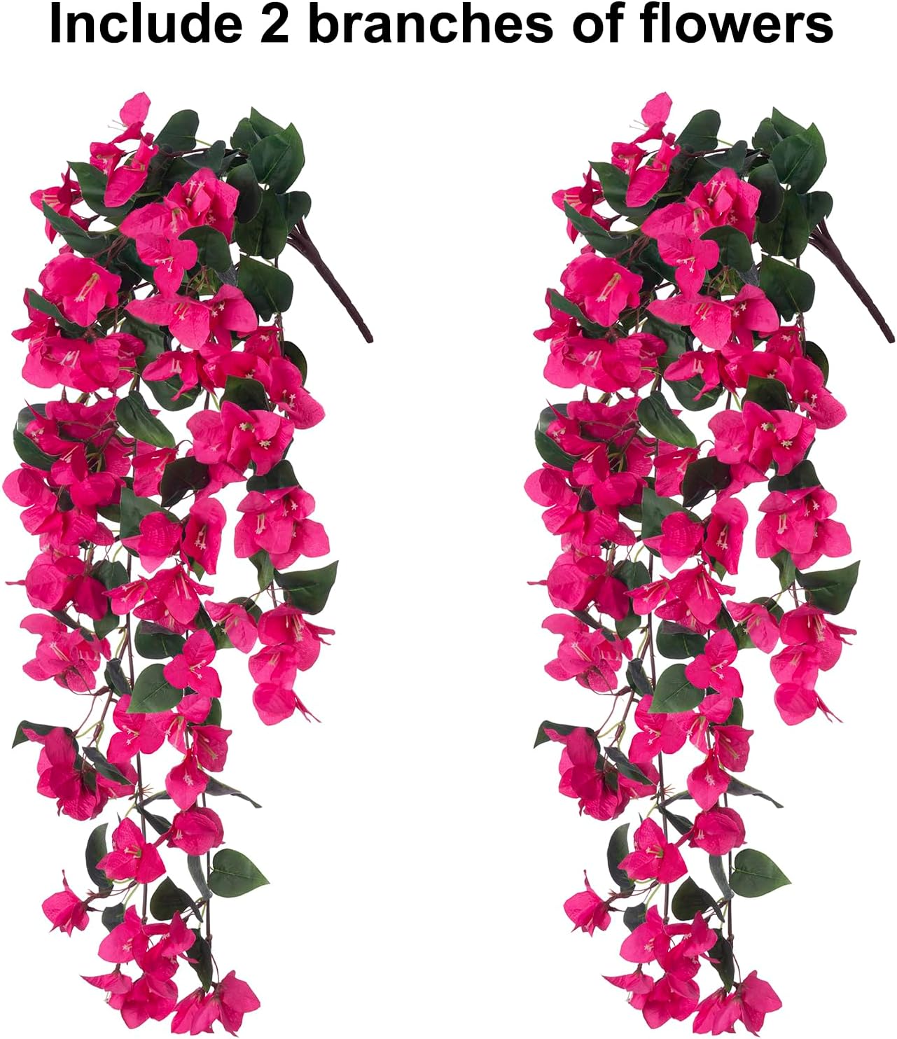 Artificial Fake Hanging Flowers Plants for Outdoor Outside Decor, 2 PCS Faux Silk Bougainvillea Long Vines UV Resistant Realistic Faux Hanging Flower for Home Porch Patio Balcony Yard, Hotpink