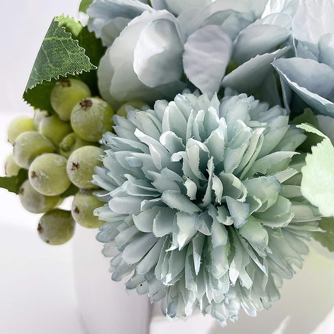 Faux Hydrangea Flower Arrangement in Ceramic Vase – Artificial Flowers for Home Decor