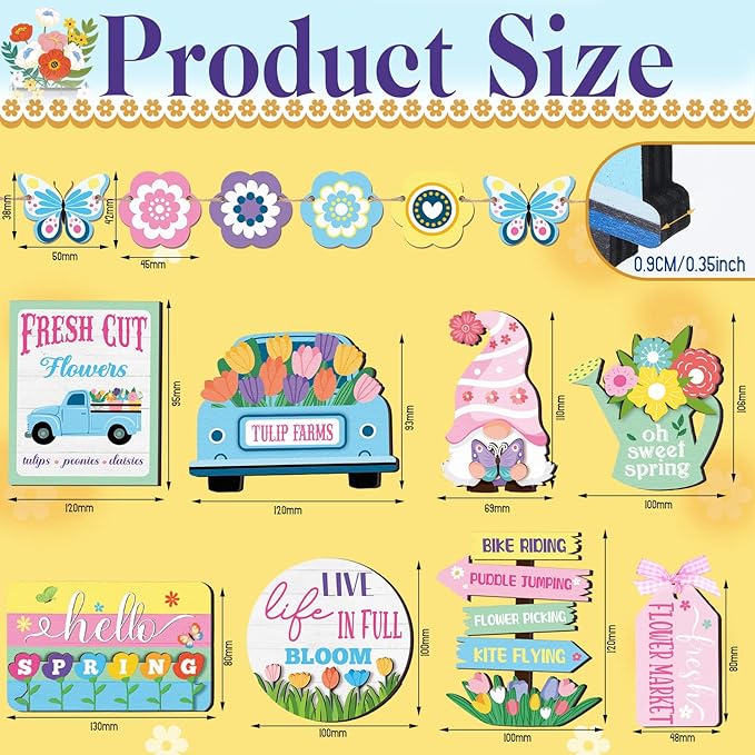 14PCS Spring Tiered Tray Decor – Farmhouse Gnome Flower Signs