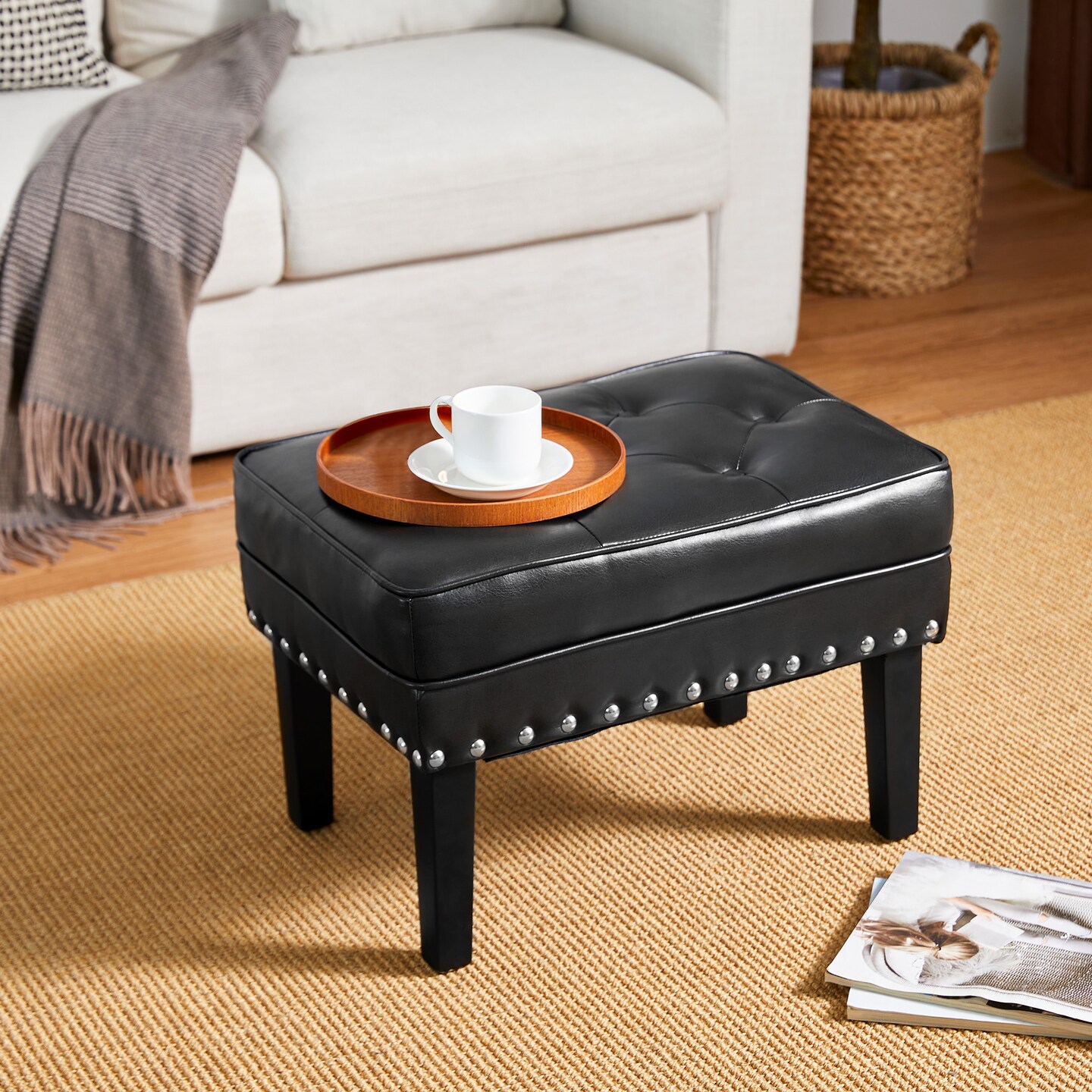 22&#x22;W Mid-century PU Leather Tufted Ottoman Foot Stool