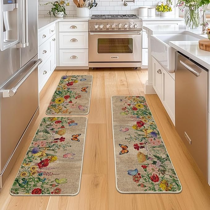 Wood Flowers Butterfly Spring Kitchen Mats Set of 3, Seasonal Home Decor Leaves Low-Profile Kitchen Rugs for Floor - 17&#x22;x29&#x22;+17&#x22;x36&#x22;+17&#x22;x47&#x22;