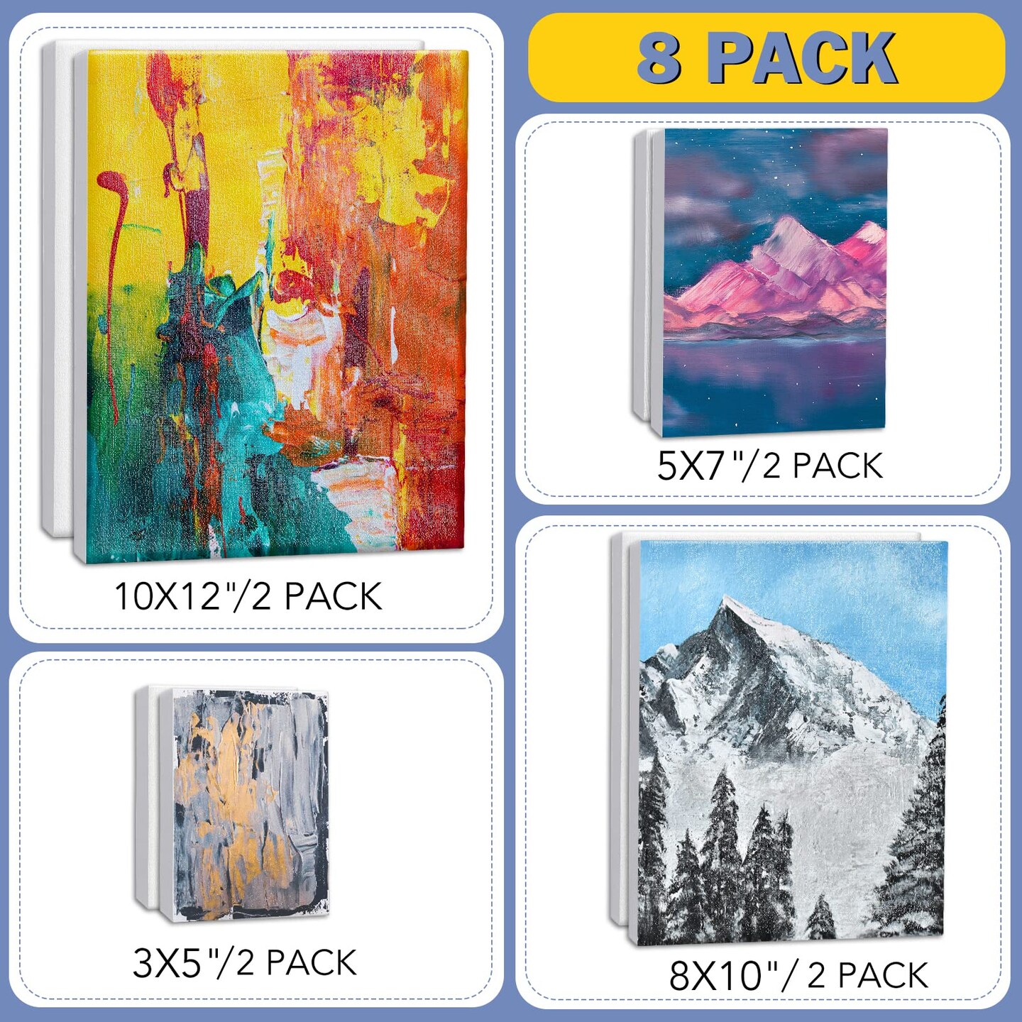 Stretched Canvases for Painting, 8PCS Multi Pack Canvas 3x5&#x201D;, 5x7&#x201D;, 8x10&#x201D;, 10x12&#x201D;(2 of Each), Acid-Free Wood Frame Blank Canvas, Art Canvas Pre Primed for Acrylic, Oil Painting, Tempera Paintings.
