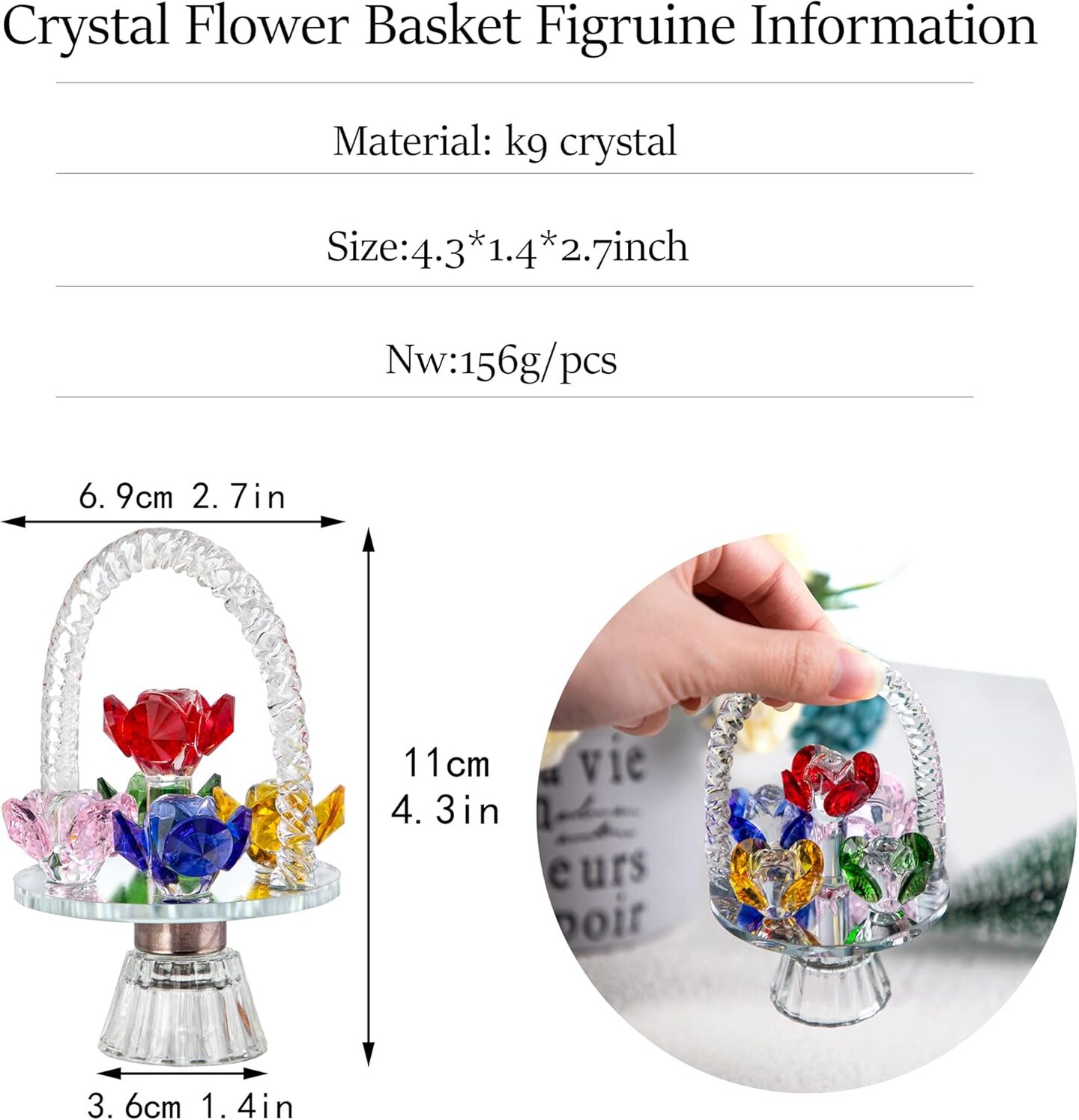Colorful Crystal Flower Basket Figurine Ornament, Glass Flower with Rotating Base for Home Dress Table Centerpiece