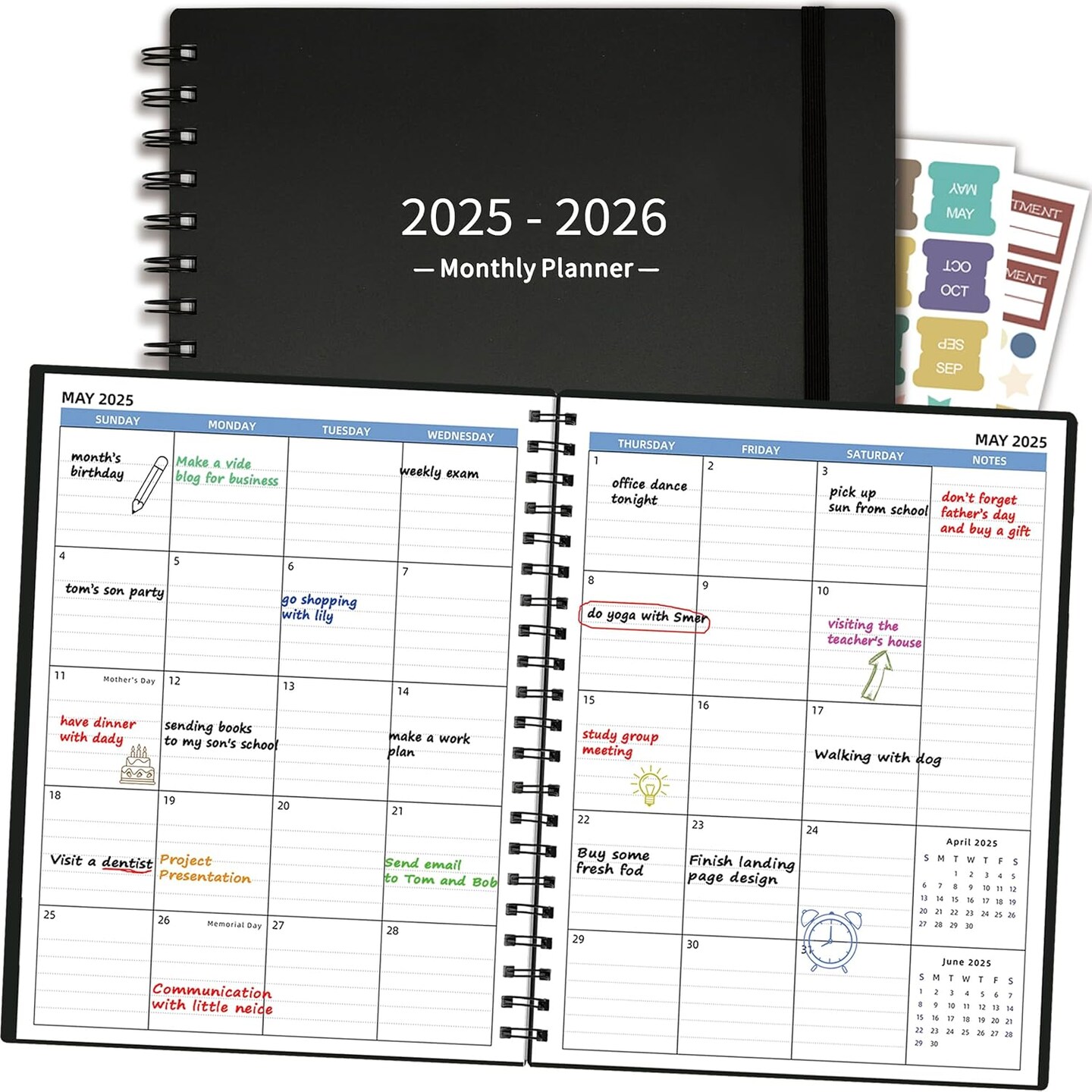 Monthly Planner 2025-2026 (7.4'' x 9.6''), 2025 Calendar 18 Months Planner from Jan 2025-Jun 2026, Academic Planner with Monthly Tabs & Pocket, Perfect for School & Work, 120GSM Thick Paper, Black