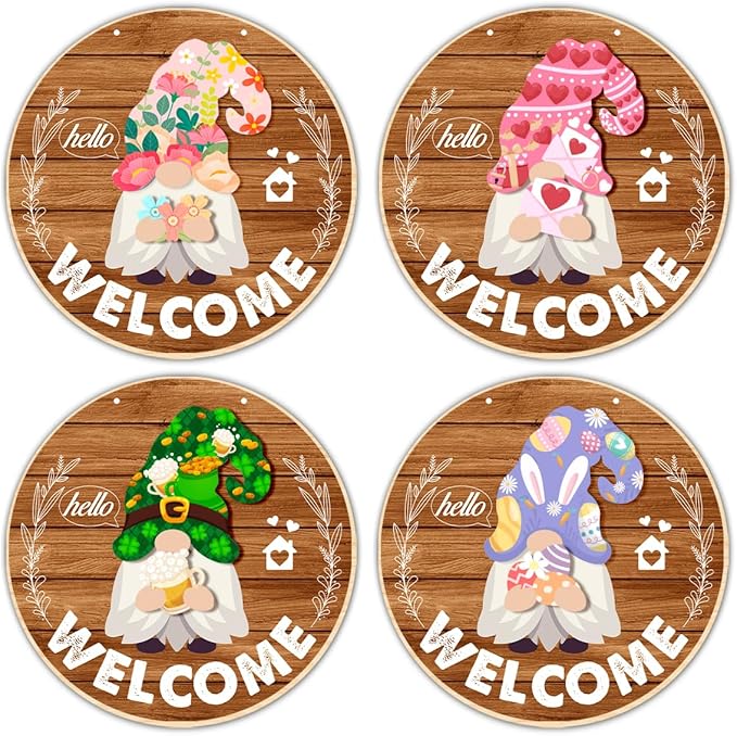 Gnome Welcome Sign Interchangeable Porch Decor, DIY Seasonal Decor Wood Winter Spring Valentine&#x27;s Day Wreath Hangers for Front Door Changeable Holiday Gnomes Decorations for Home Wall Decor (21 Pcs)