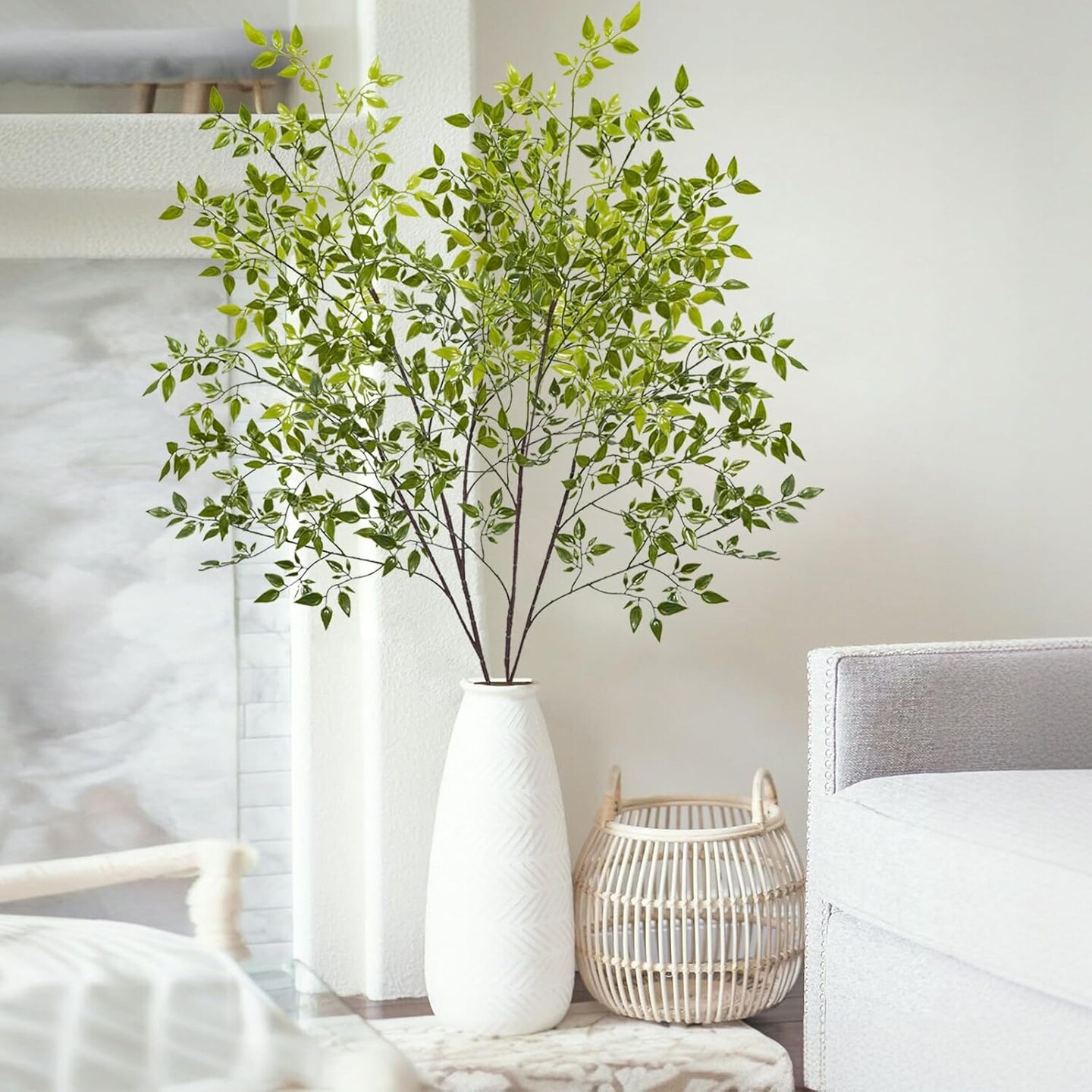 4Pcs Artificial Greenery Stems, 43.3" Fake Nandina Stems Plants Faux Leaf Twig Branches for Indoor Desk Office Shop Home Table Vase Spring Decor