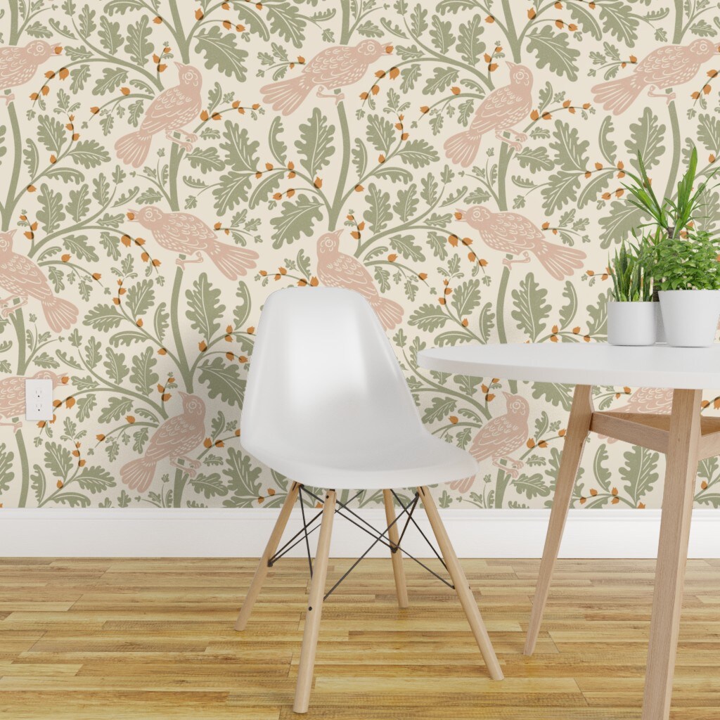 Peel &#x26; Stick Wallpaper 2FT Wide Cottagecore Sage Green Blush Pink Bird Woodland Rustic Leaves Custom Removable Wallpaper by Spoonflower
