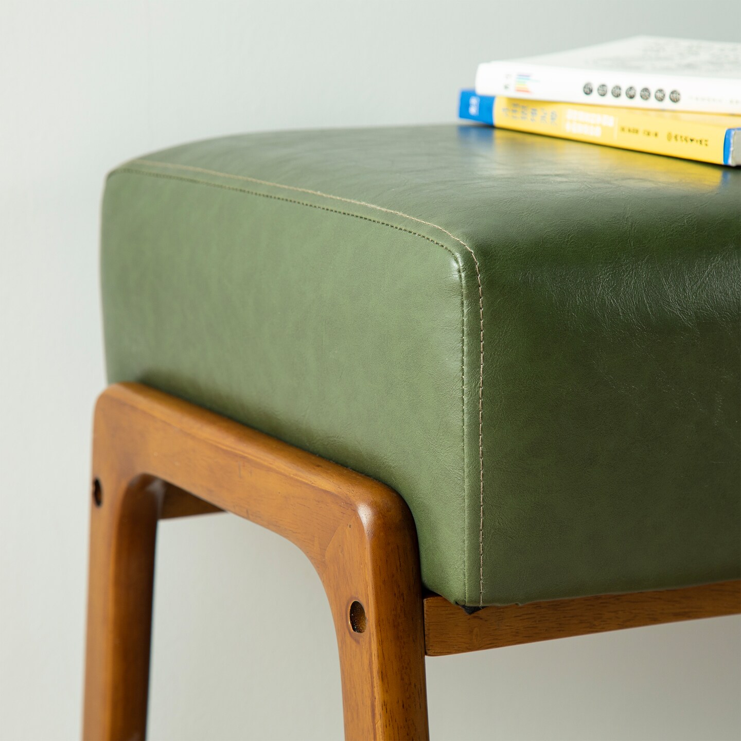 42.25&#x22;W Mid-century Modern Hunter Green Leatherette Bench with Walnut Rubberwood Legs