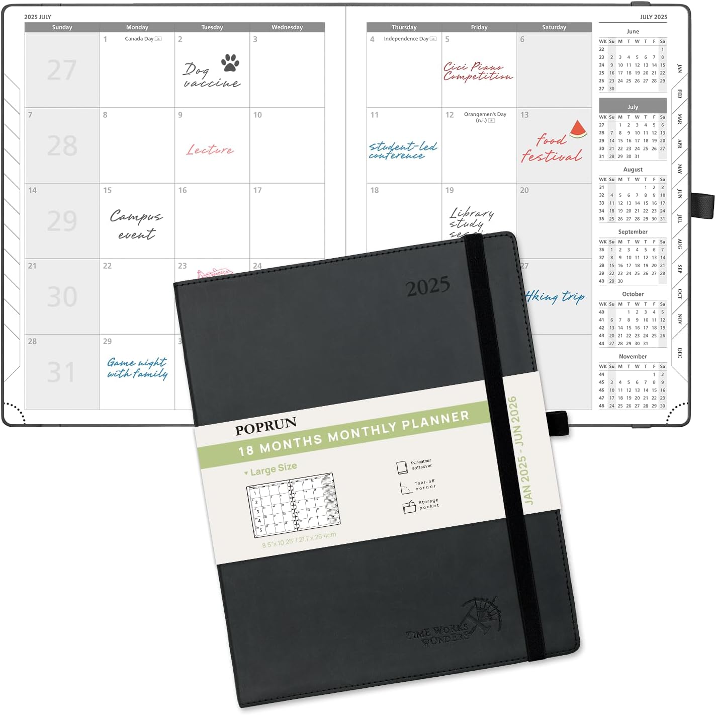 POPRUN Monthly Planner 2025-2026 (Large- 8.5&#x22; x 10.5&#x22; Soft Cover), 18-Month Calendar Book (January 2025-June 2026), Calendar Planner with Monthly Tabs &#x26; Pocket, 100 GSM Paper - Black