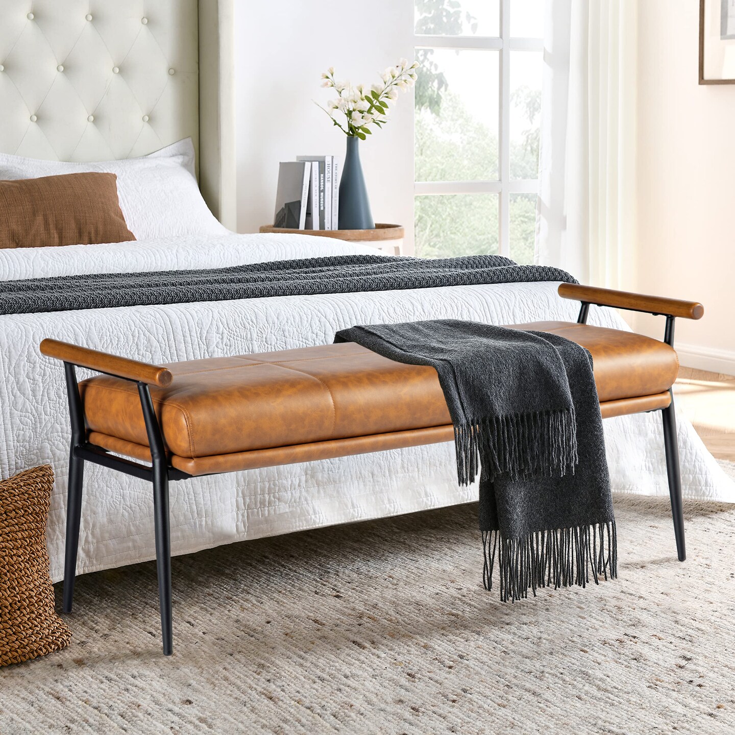 48.25&#x22;W Modern Brown Upholstered Bench with Wooden Arms and Metal Legs