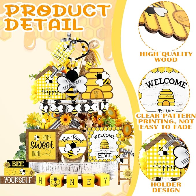 15 Pcs Bee Tiered Tray Decor Summer Tiered Tray Decorations Set Honeycomb Decor Honey Bee Wooden Signs Rustic Farmhouse Kitchen Decor for Home Table Shelf Decorations