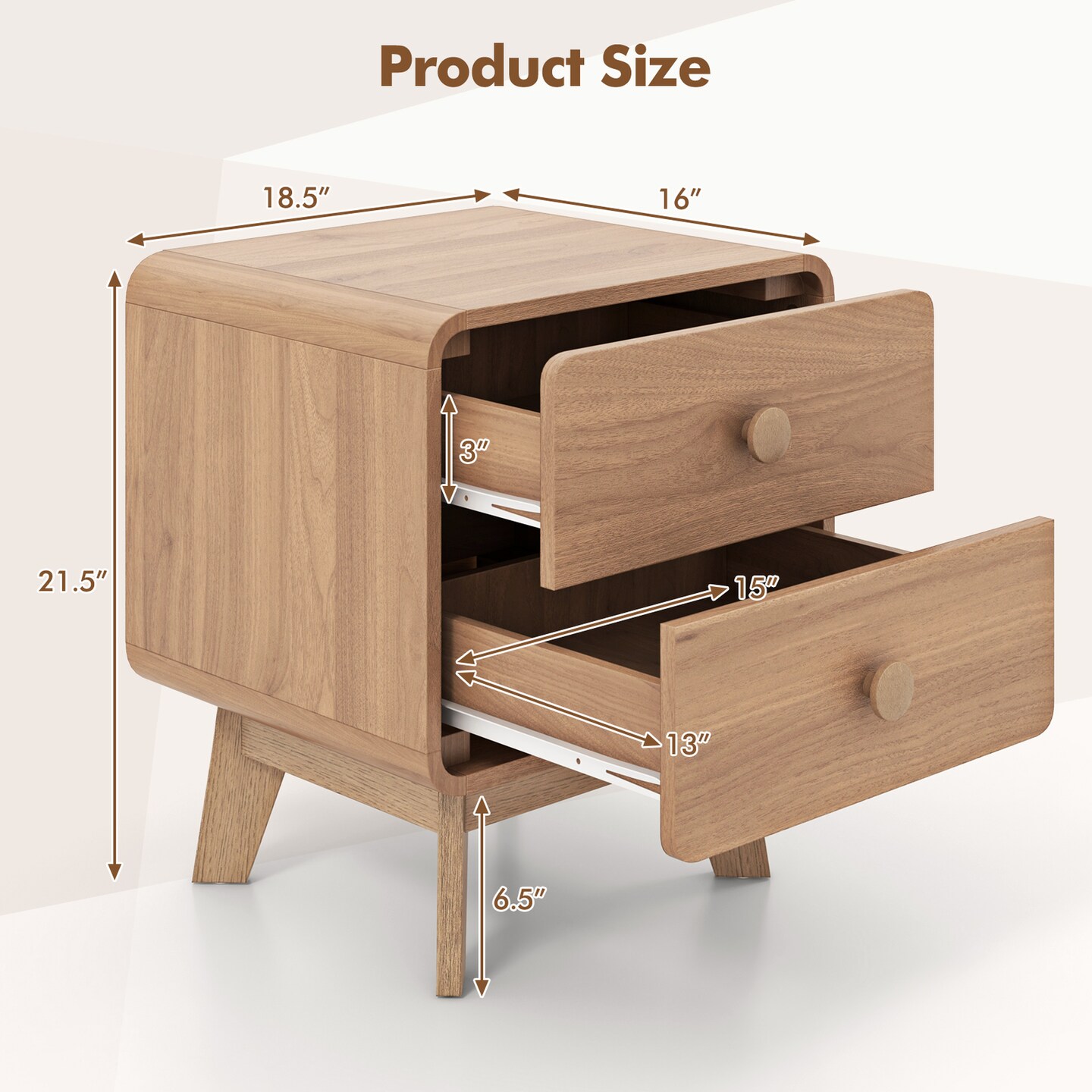 Costway 1/2 PCS Modern Style 2-Drawer Nightstand Bedside Table with Solid Rubber Wood Legs Brown
