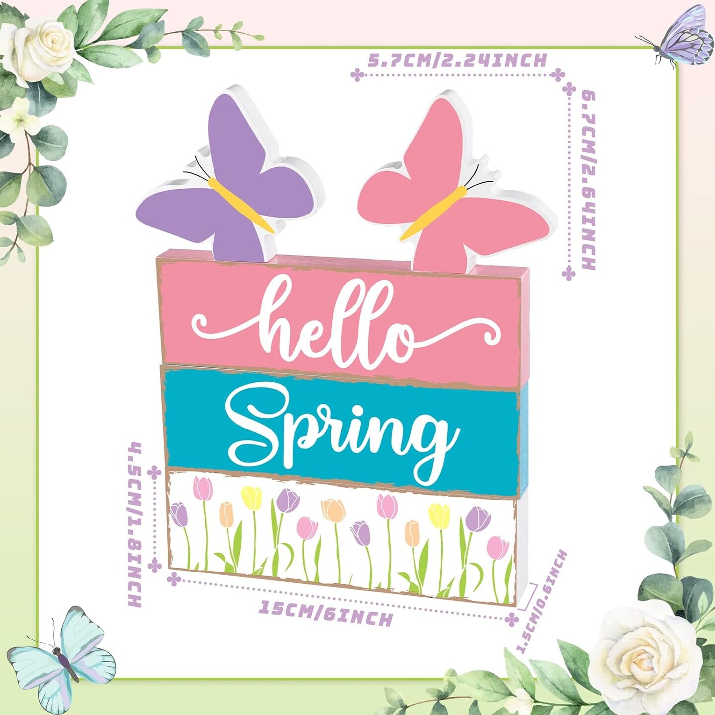 5 Pcs Hello Spring Tiered Tray Decorations Rustic Spring Table Decor Farmhouse Spring Decorations for Home Spring Wood Sign Hello Spring Table Centerpiece Standing Decor for Shelf Tabletop Fireplace