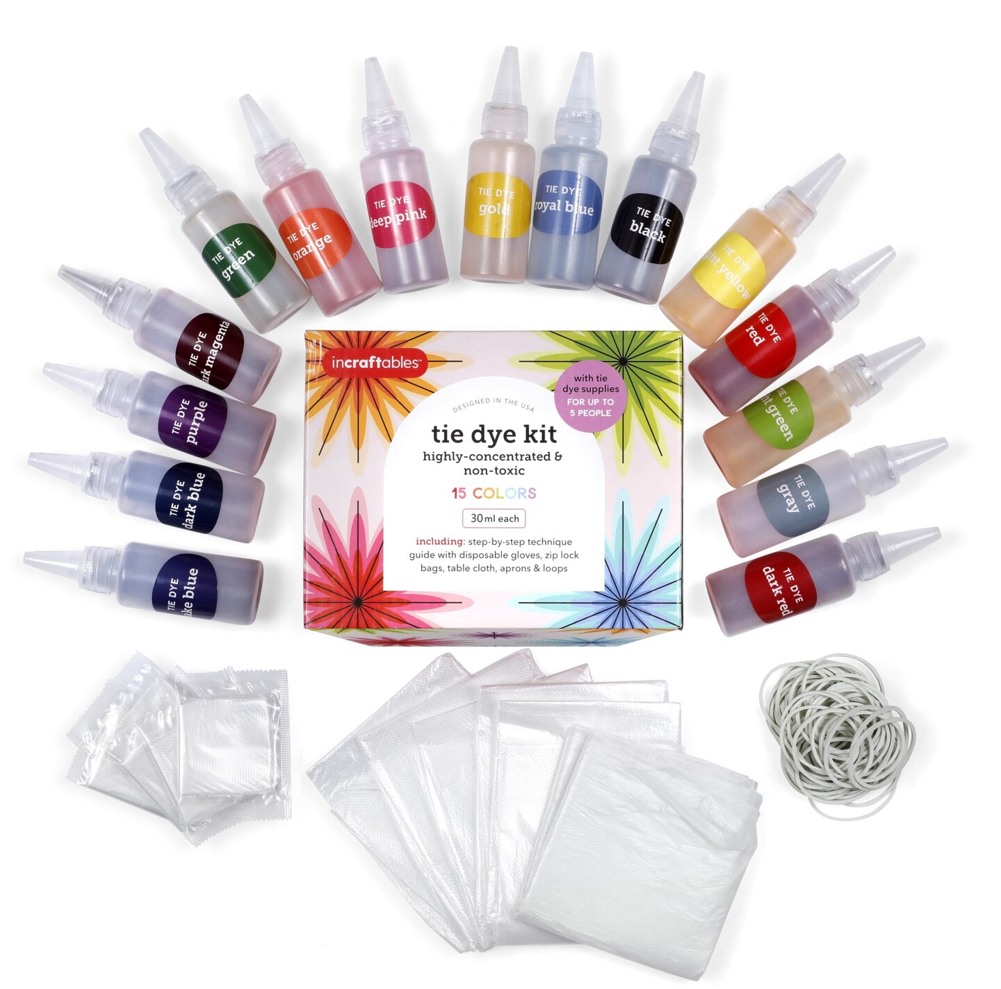 Incraftables Tie Dye Kit for Adults & Kids. Bulk Tie Dye Powder Set Non Toxic 15 Colors Guide, Disposable Gloves, Zip Lock Bags, Table Cloth, Aprons & Loops for Beginner & Pro