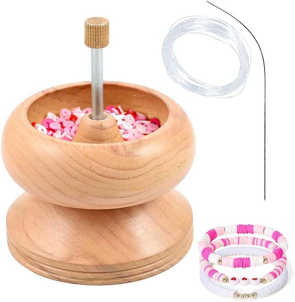 Clay Bead Spinner with Big Eye Beading Needle &#x26; 3mtr Wire - Seed Bead Spinner for Jewelry Making Kit - Necklace Bracelet Maker Wooden Birthday Gifts - Pinewood