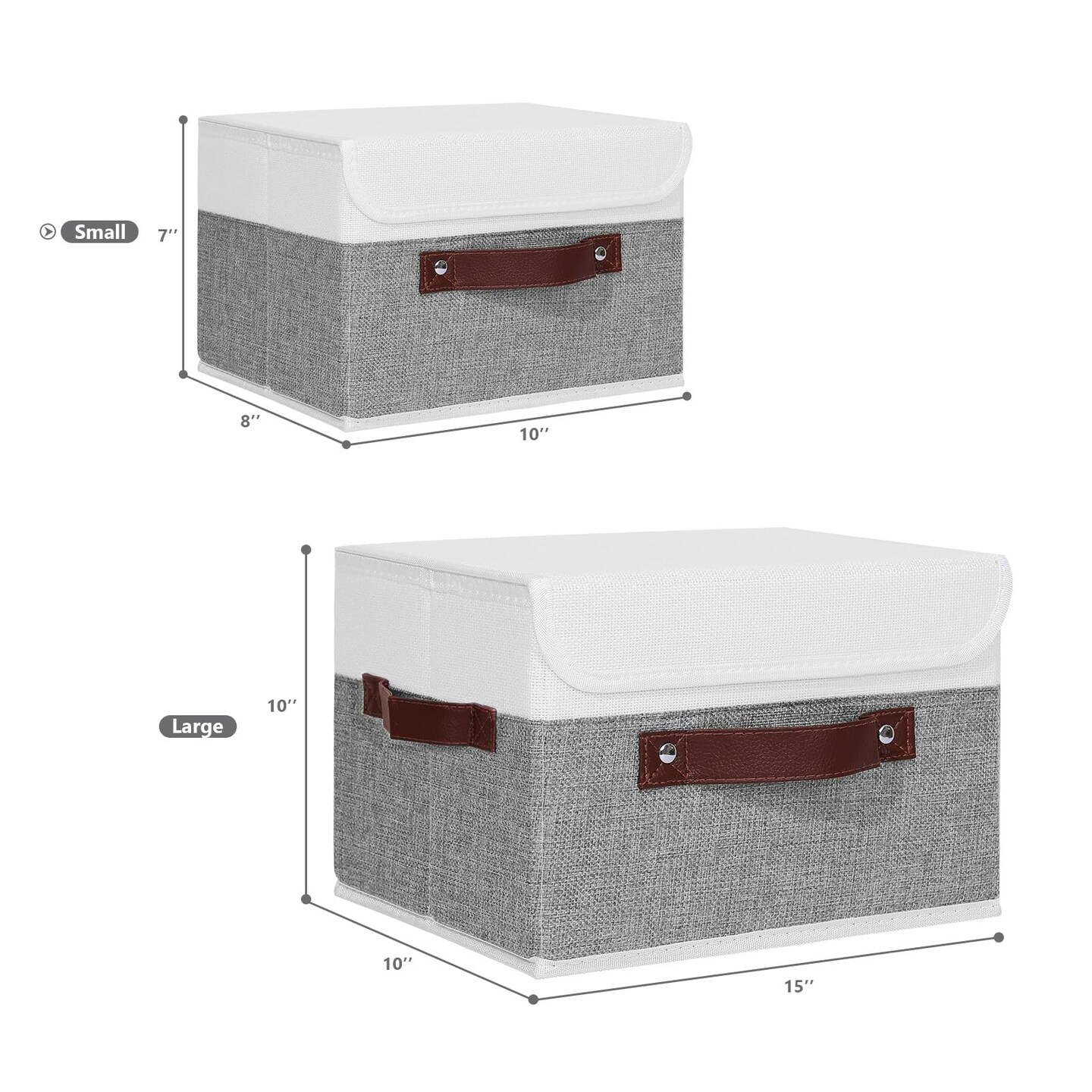 ANMINY Storage Boxes with Lids Washable Decorative Storage Bins Basket with PU Leather Handle Foldable Linen Fabric Storage Cubes Containers for Home Closet Organizer - Gray White, Small Size