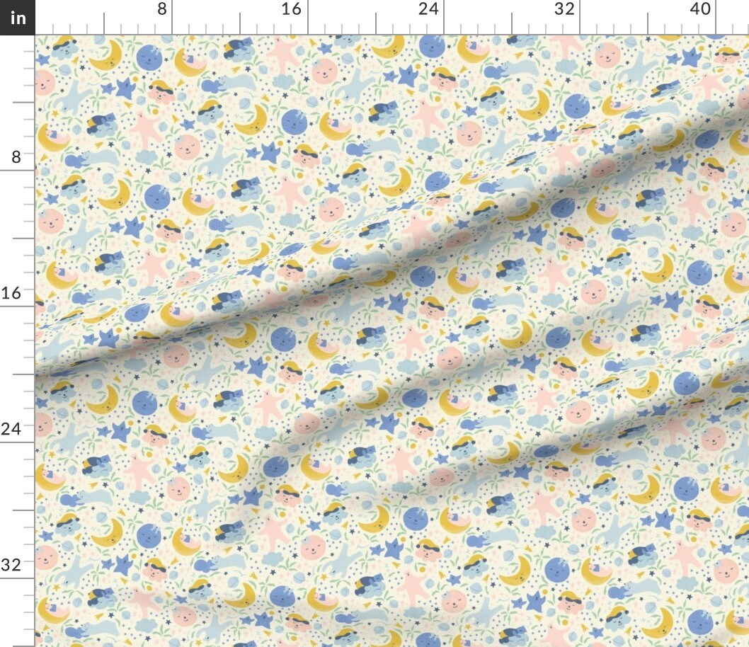 Sleepy Bear Celestial Baby Night Sky Whimsical Fun Cute Happy Cheerful Pastel Nlue Blue Pink Moon Star Custom Printed Fabric by Spoonflower Various Fabrics by the Yard or Fat Quarter