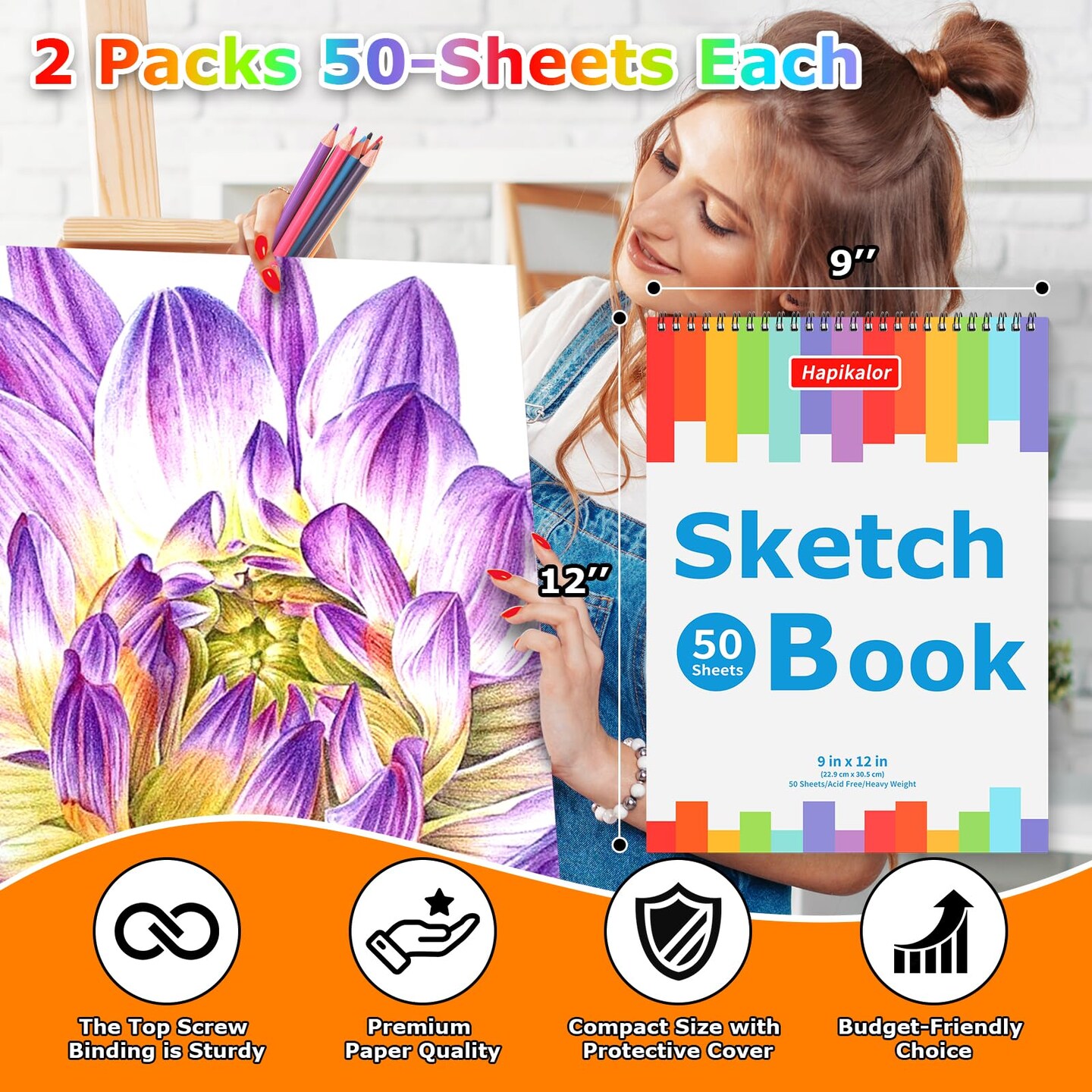9\" X 12\" Sketch Book, 2-Pack 50 Sheets Spiral Bound Art Sketchbook, Acid Free Artist Drawing Book Paper, Art Supplies For Adults Kids, Craft Activities, Sketch Art Paper For Drawing Coloring Sketching