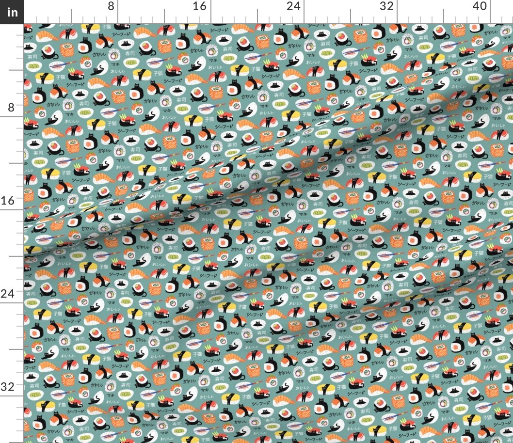 Various Fabrics by the Yard or Fat Quarter Sushi Cat Funny Cats Sashimi Fish Green Orange Black White Seafood Kitty Custom Printed Fabric by Spoonflower