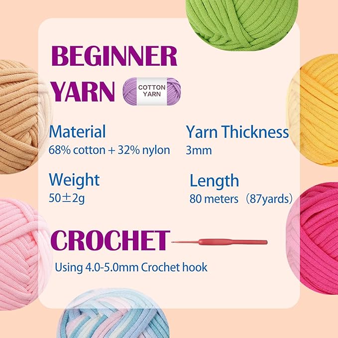 10&#xD7;50g Beginners Yarn Kit for Crocheting and Knitting,Cotton Nylon Blend Yarn for Hand DIY Bag Basket Dolls and Cushion B