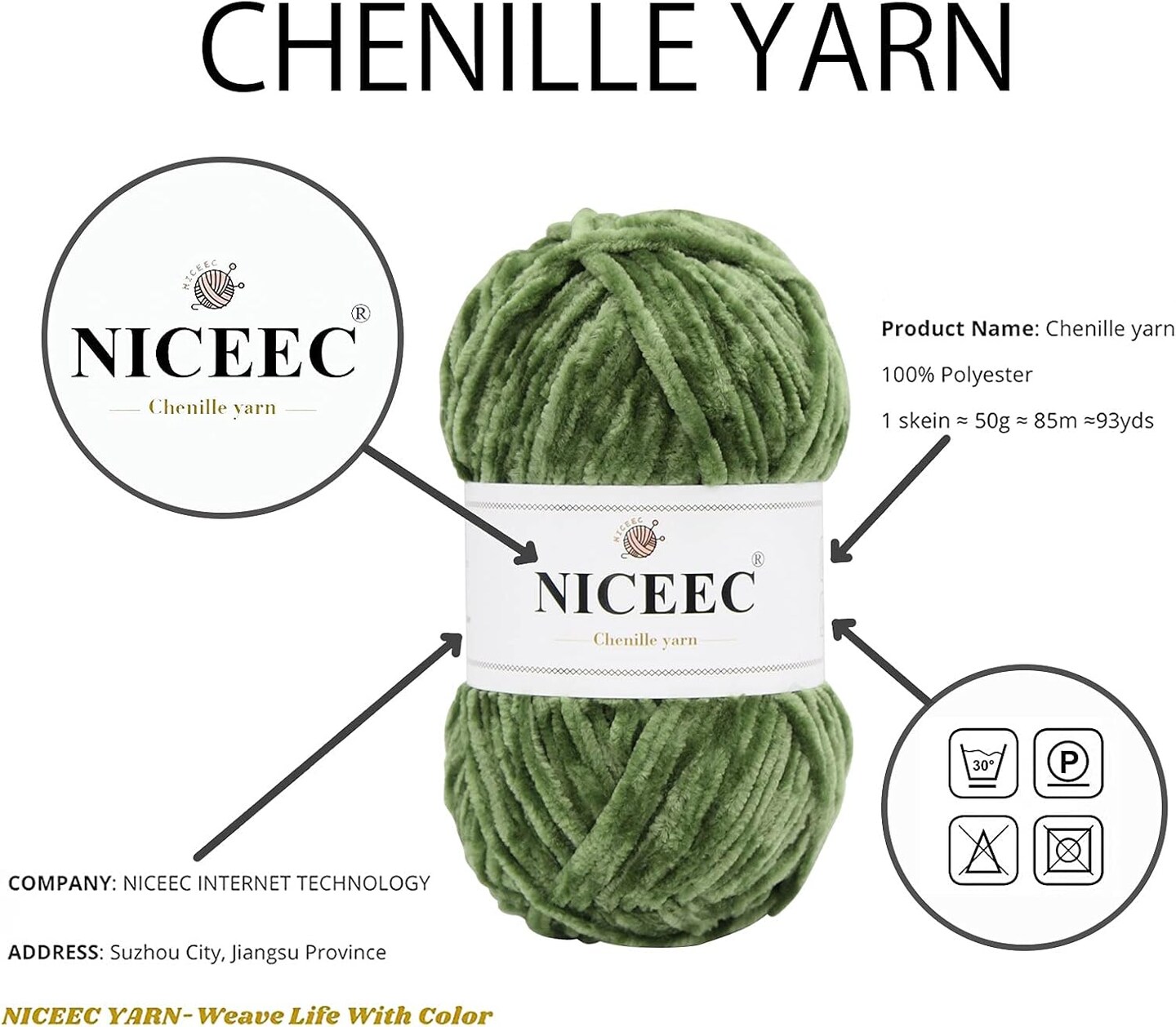 NICEEC 3 Skeins Soft Chenille Yarn Blanket Yarn for Knitting Fancy Yarn for Crochet Weaving DIY Craft Total Length 3×85m (3×93yds, 3×50g)_Army Green