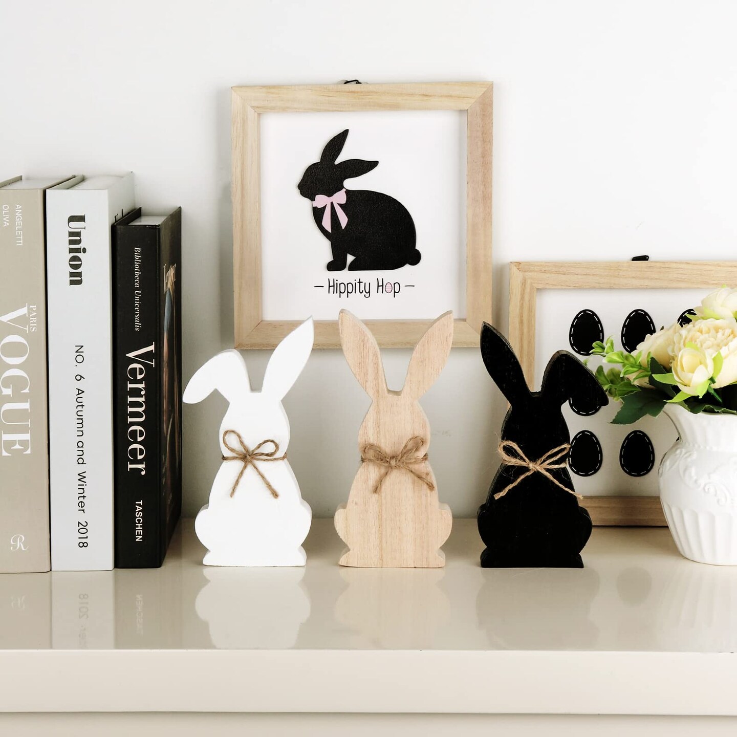Easter Decorations for The Home, 3 pcs Easter Bunny Wooden Table Centerpiece Signs Easter Decor Rustic Tiered Tray Decor Farmhouse Decor for Easter Gifts, Black, White, Natural Wood Color