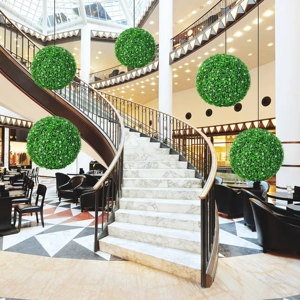 2 PCS Topiary Balls Artificial Plant Faux Boxwood with White Flowers for Wedding