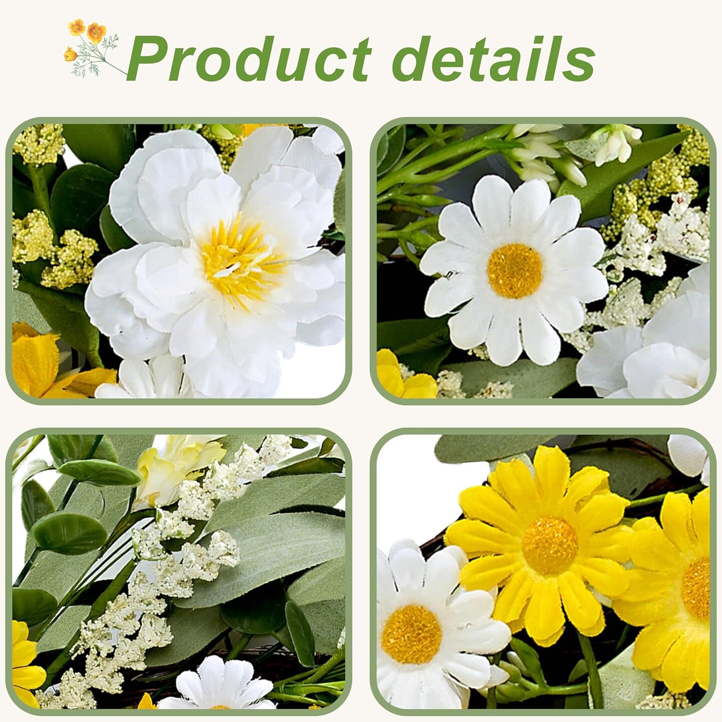 Artificial Spring Wreath 22 Inch Spring Wreaths for Front Door Summer Wreath with White Yellow Daisy
