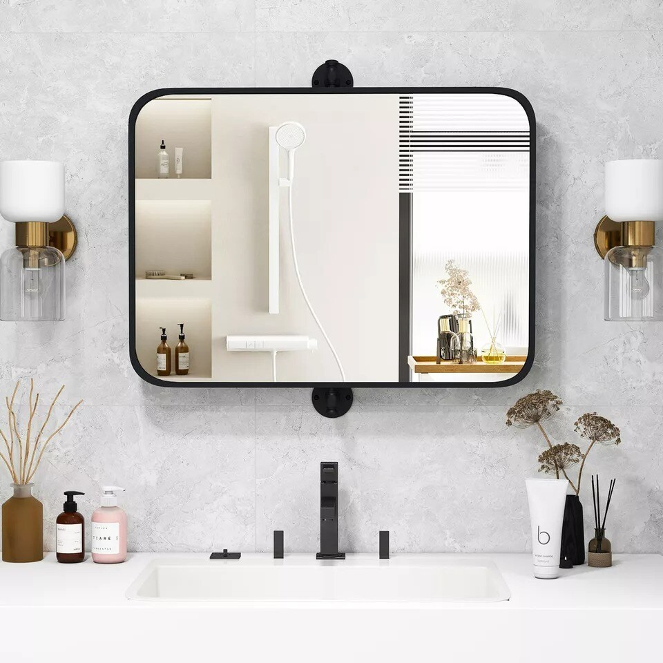 30 x 22 Inch Pivot Bathroom Mirror w/ Shatter-Proof Film, Expansion Screws