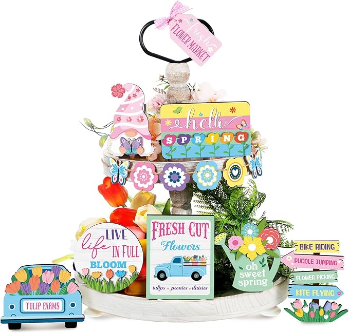 14PCS Spring Tiered Tray Decor – Farmhouse Gnome Flower Signs
