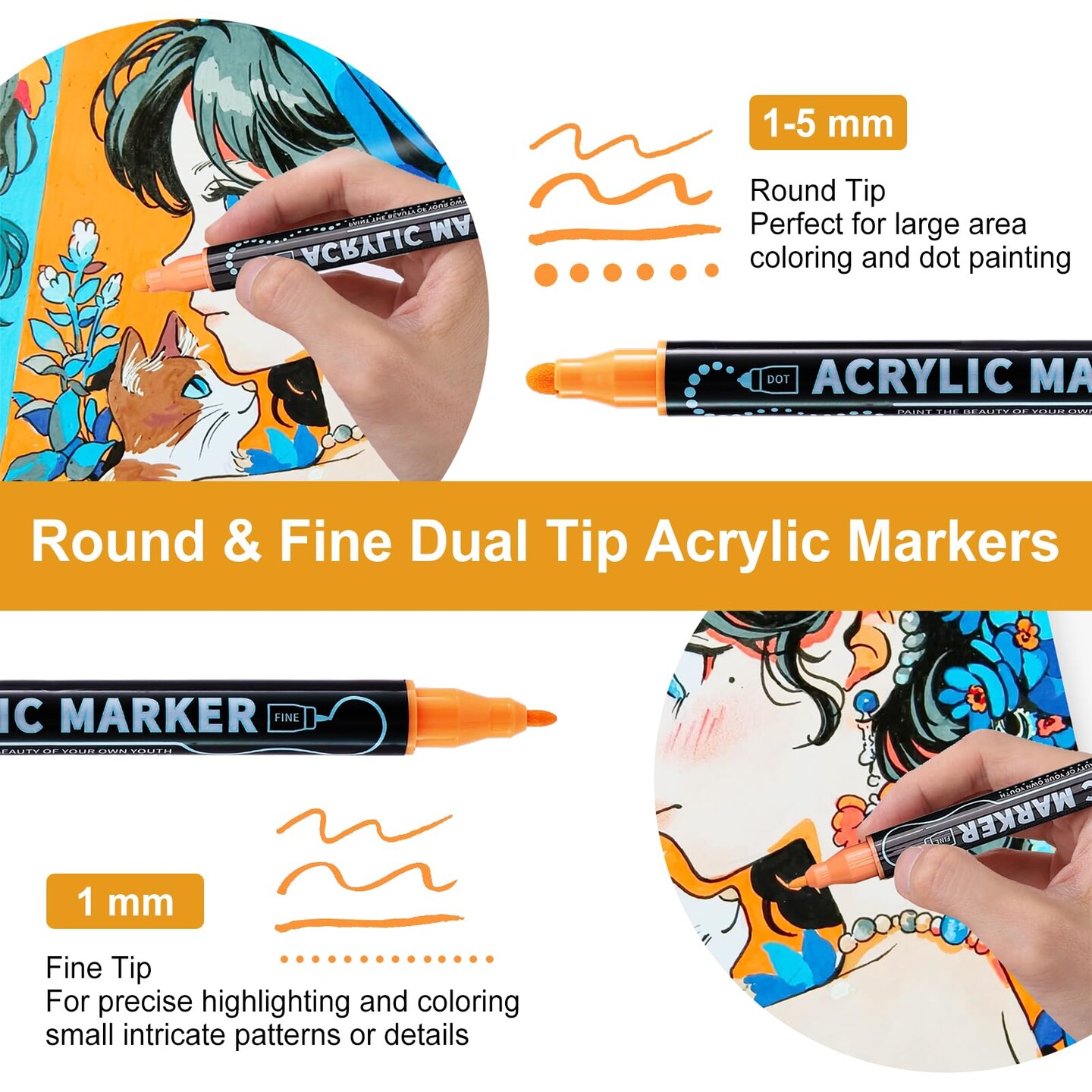 30 Colors Waterproof Dual Tip Acrylic Paint Pens, Dot &#x26; Fine Tip Premium Coloring Drawing Markers Set for Wood, Rock Painting, Canvas, Glass, Ceramic Surfaces and DIY Crafts Making Art Supplies