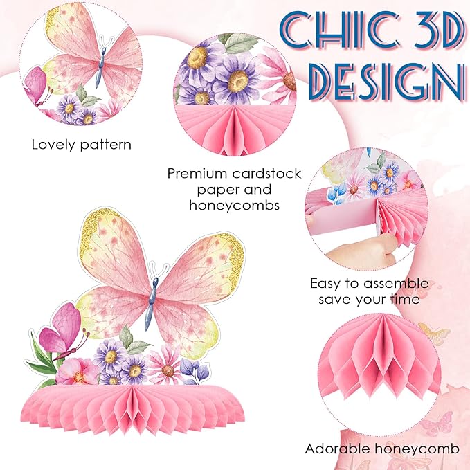 10 Pieces Butterfly Centerpieces for Tables Butterfly Birthday Party Decorations Spring Honeycomb Table Centerpiece Spring flower Theme Party Supplies for Birthday Baby Shower Decor