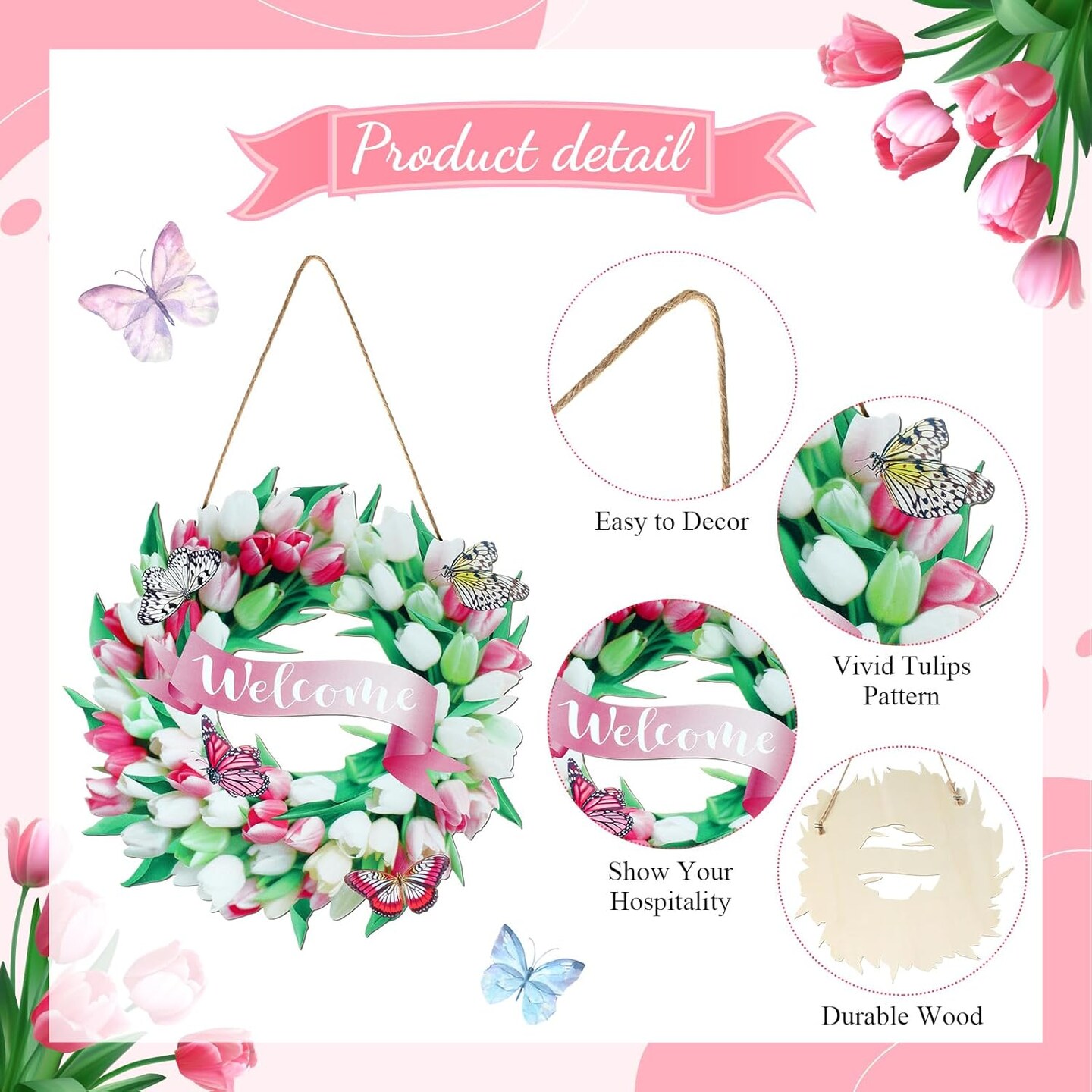 Spring Door Sign Tulips Wreath Summer Decoration 11.8" Welcome Sign Spring Flower Butterfly Wreath Wooden Front Door Hanger Home Wall Decor Farmhouse Indoor Outdoor