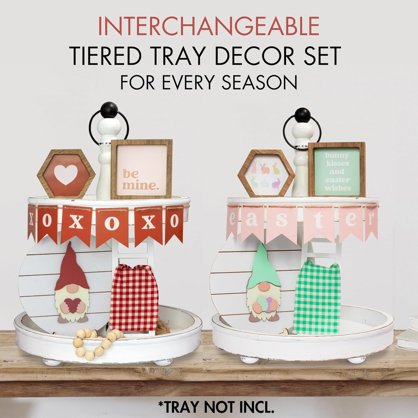 All-Season Tiered Tray Decor Set – Interchangeable Christmas, Spring & Valentine’s Farmhouse Centerpiece for Home & Kitchen