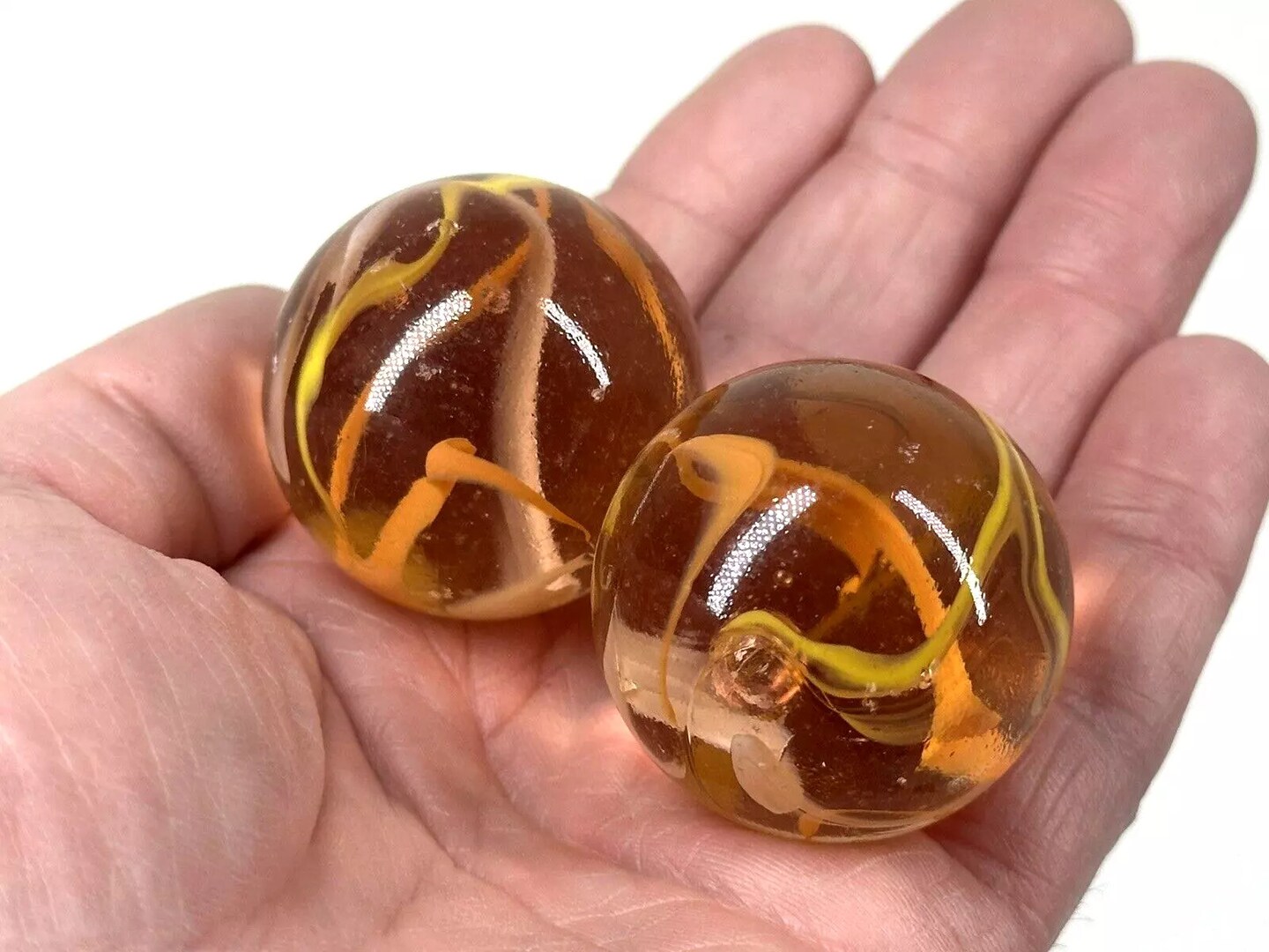 FIrefly 35mm Marbles~set of 2 Boulders glass Clear Orange/yellow/White