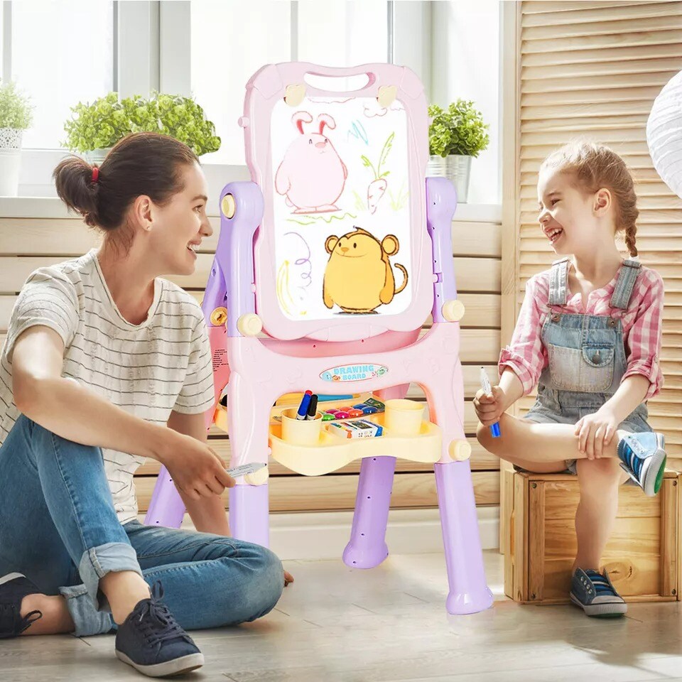 Kids Easel Double Sided Art Easel Painting Play 2 Adjustable Height Purple