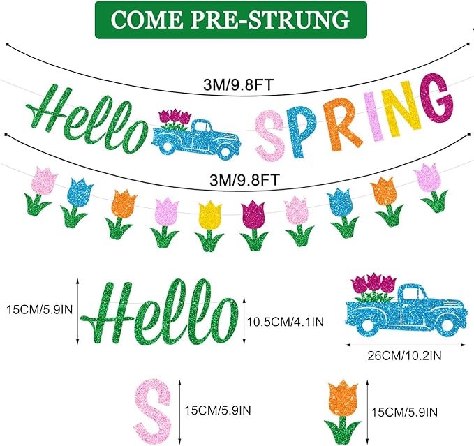 Glitter Hello Spring Banner with Tulip Truck Signs and Colorful Glittery Tulips Banner Hello Spring Tulips Flowers Garland Banner Spring Easter Birthday Party Fireplace Mantle Decorations