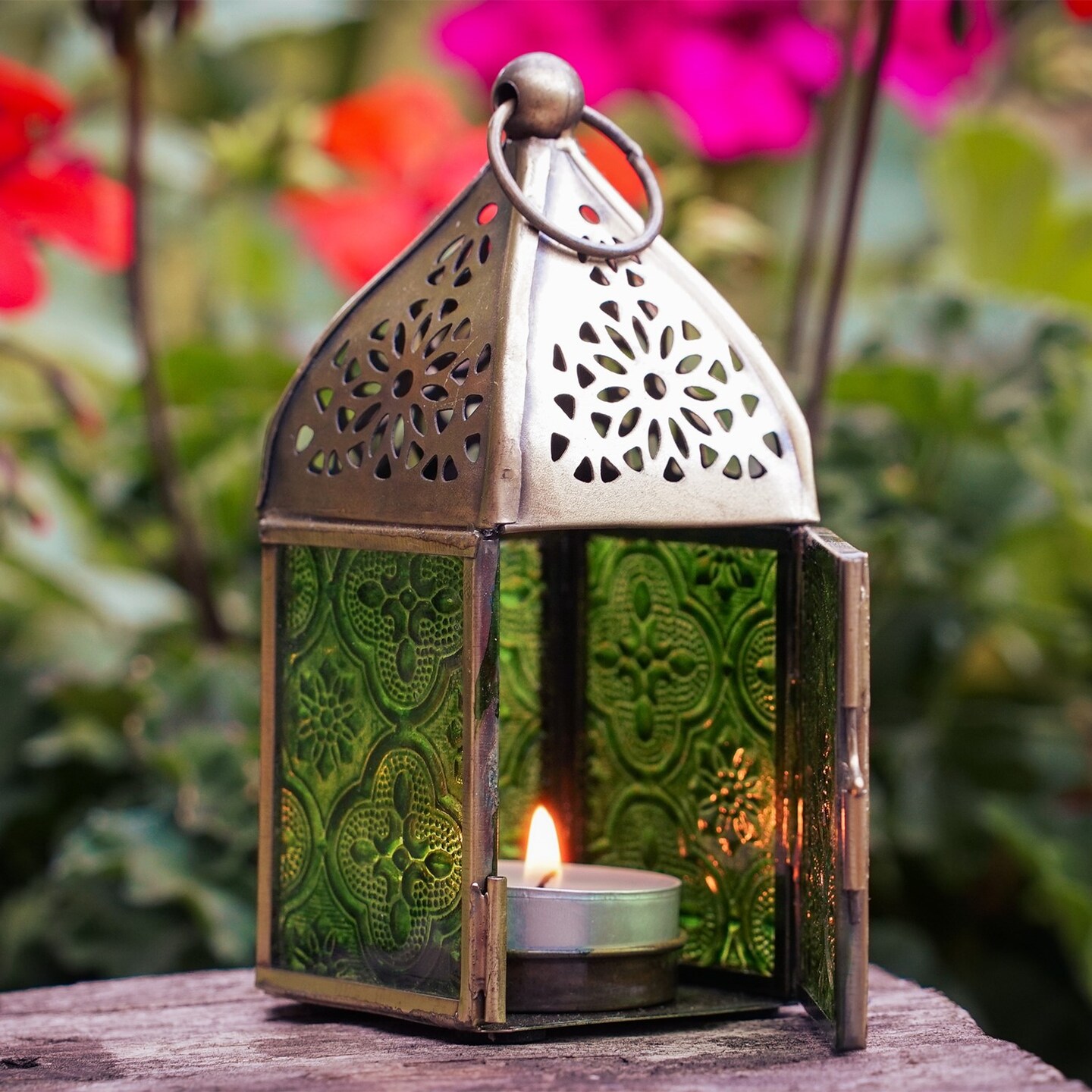 In the Breeze 9202 &#x2014; Green Mini Square Tealight Lantern &#x2014; Moroccan-Style Boho Chic Tealight Glass and Metal Tabletop Lantern