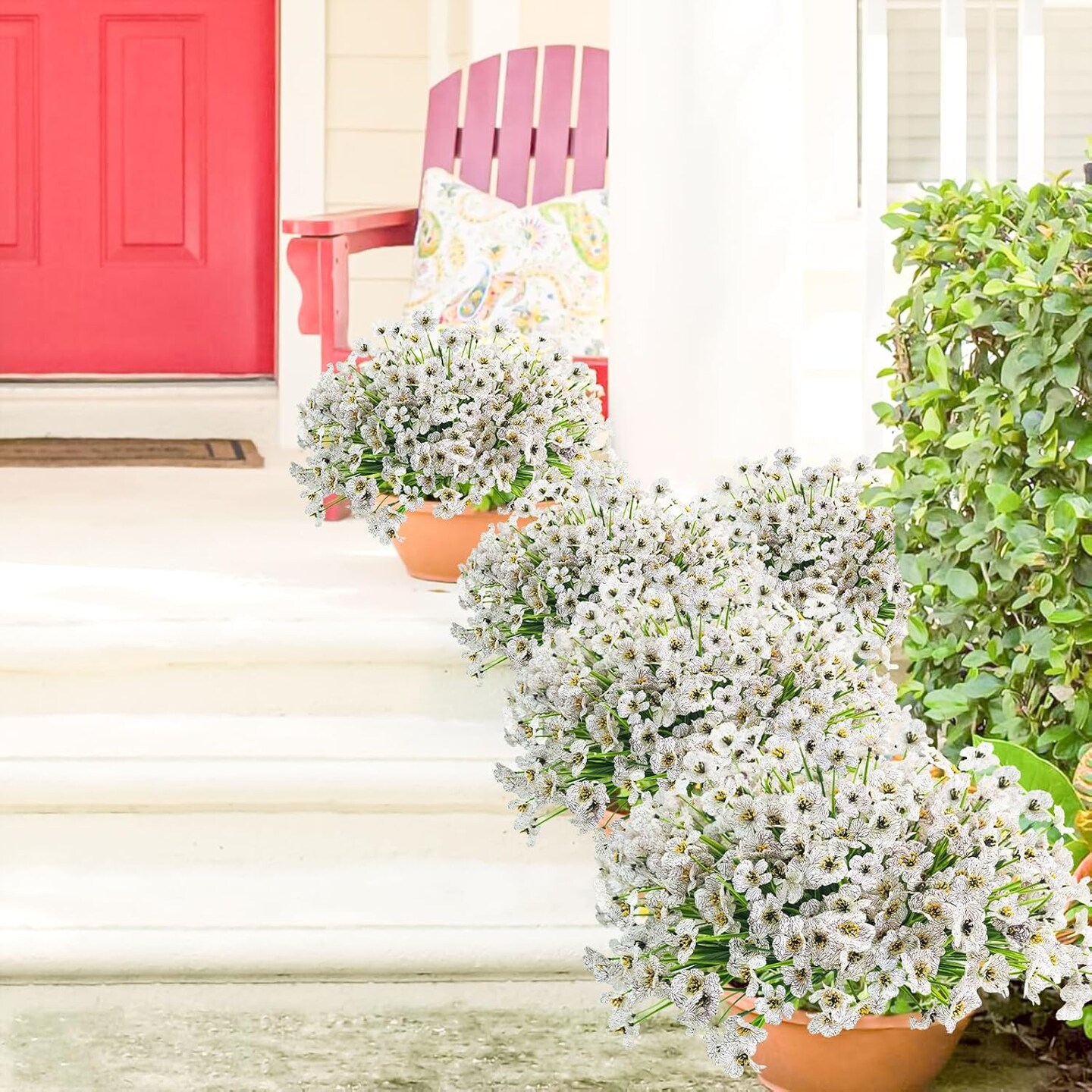 16 Bundles Outdoor Artificial Flowers UV Resistant Fake Flowers No Fade Faux Plastic Plants for Garden Porch Window Box Home Outside Hanging Planter Spring Summer Décor (White) 9.45"D x 9.45"W x 13"H