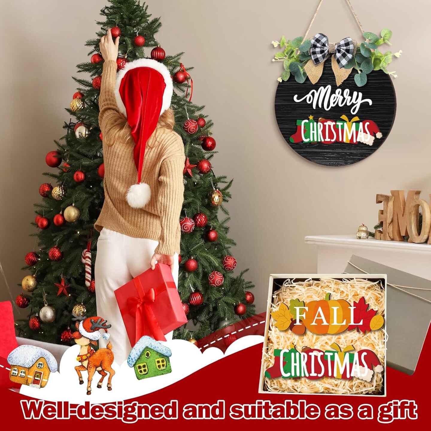 Interchangeable Wooden Seasonal Hello Sign Rustic Round Seasonal Wreaths