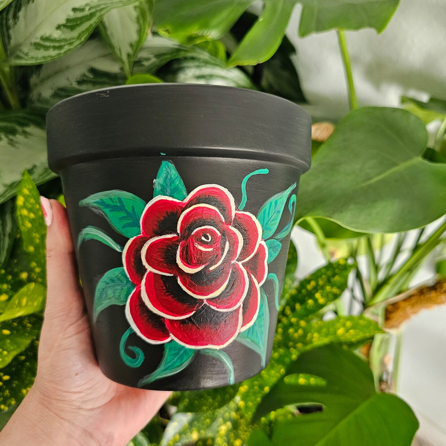 Hand Painted Red Rose on a Black Terra Cotta Pot. Unique gift for a plant  lover for any occasion, 6 inches black planter | MakerPlace by Michaels