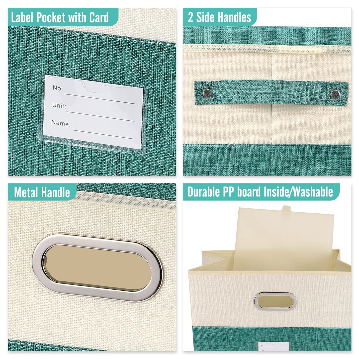 Large Linen Fabric Foldable Storage Bins with Removable Lid and Handles, Washable Storage Box Organizer Containers Baskets Cube with Cover for Bedroom,Closet,Office (Turquoise&#x26;Cream, Medium)
