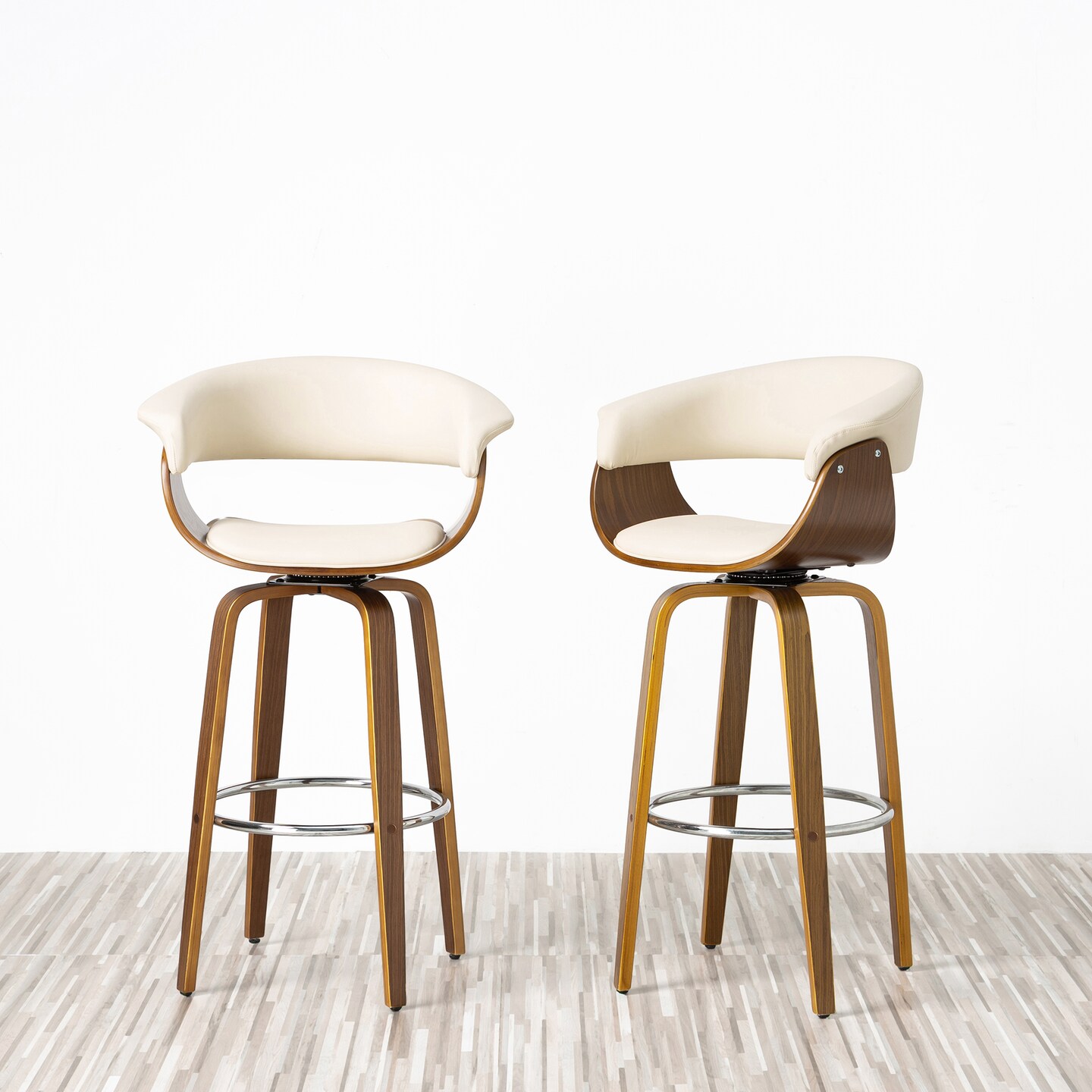 Set of 2/4 Mid-century Modern Leatherette Swivel Bar Stools/Counter Stools with Walnut Bentwood Frame